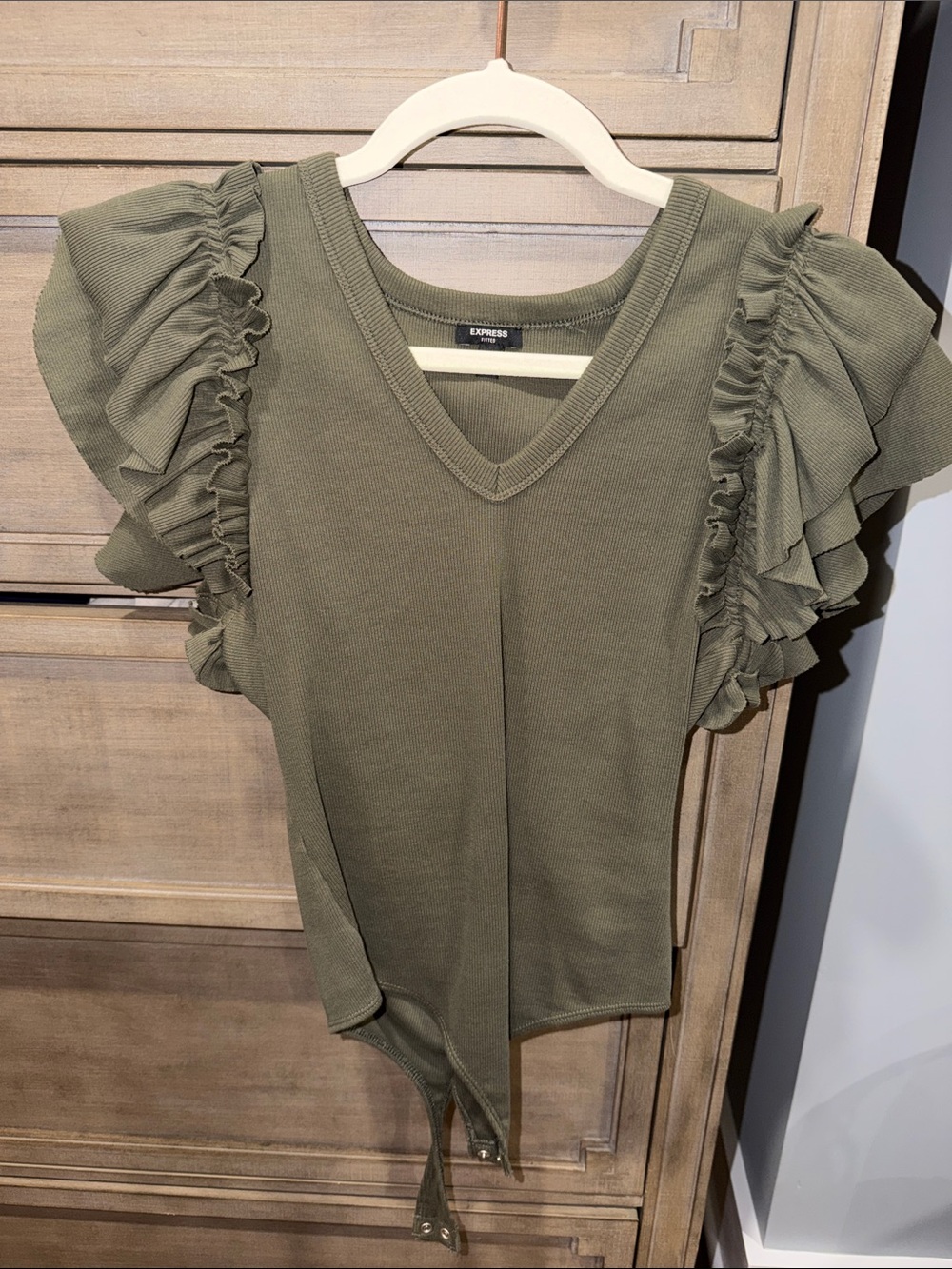 Express Olive Green Ruffle Sleeve V-Neck Thong Bodysuit